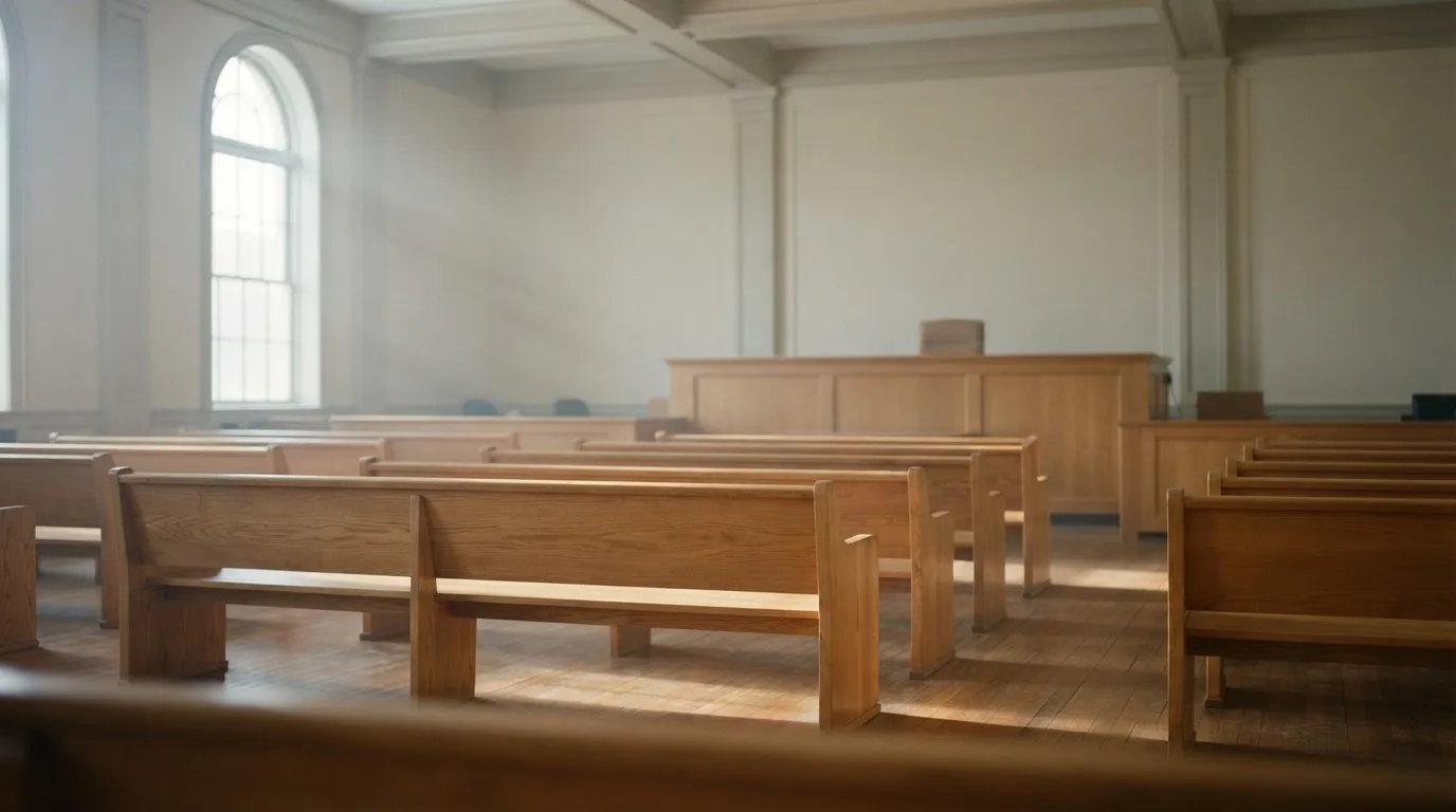 Una sala de tribunal vacía con bancos de madera a la luz de la mañana