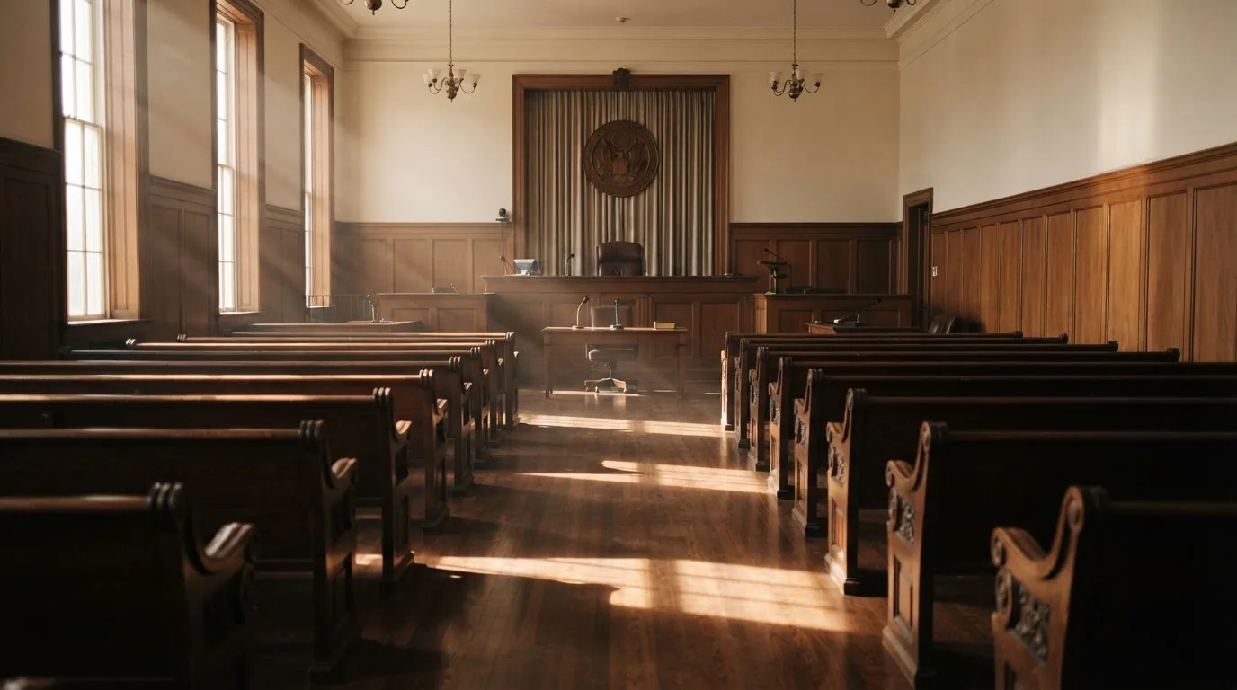 Una sala de tribunal vacía con bancos de madera a la luz de la mañana