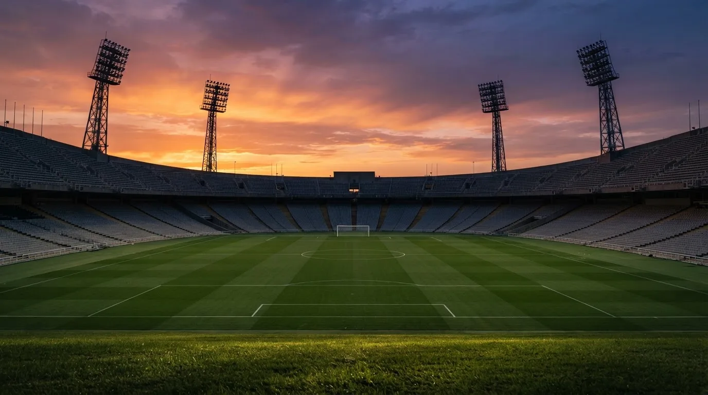 Un estadio de fútbol vacío con torres de iluminación al atardecer