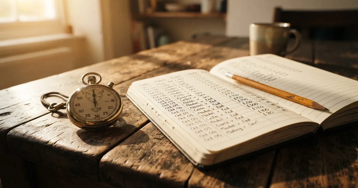 Un cuaderno abierto con un lápiz y un cronómetro sobre una mesa de madera