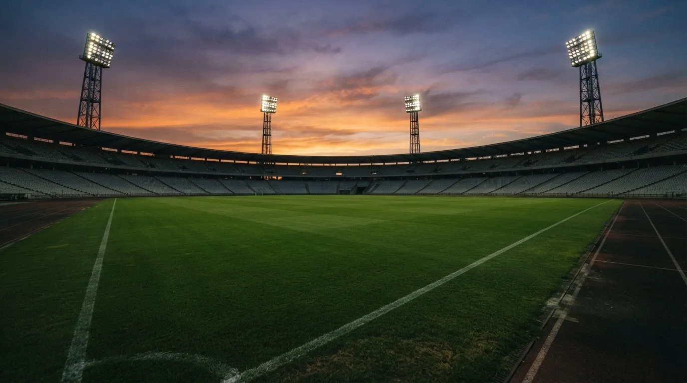 Un estadio de fútbol vacío con torres de iluminación al atardecer