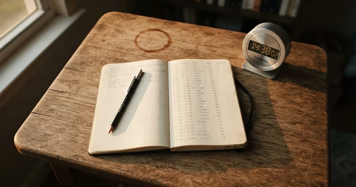Un cuaderno abierto con un lápiz y un cronómetro sobre una mesa de madera