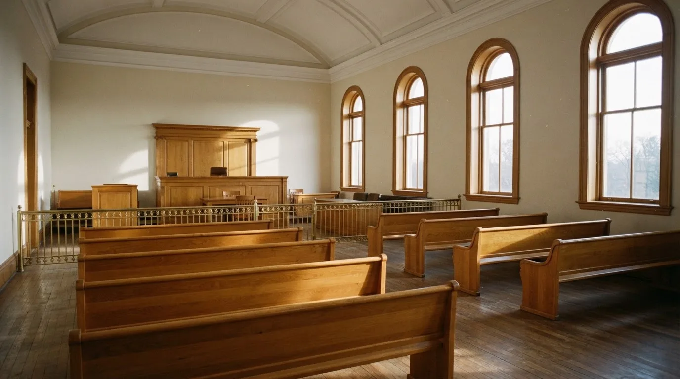 Una sala de tribunal vacía con bancos de madera a la luz de la mañana