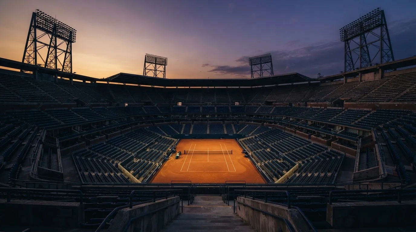 Un estadio de fútbol vacío con torres de iluminación al atardecer