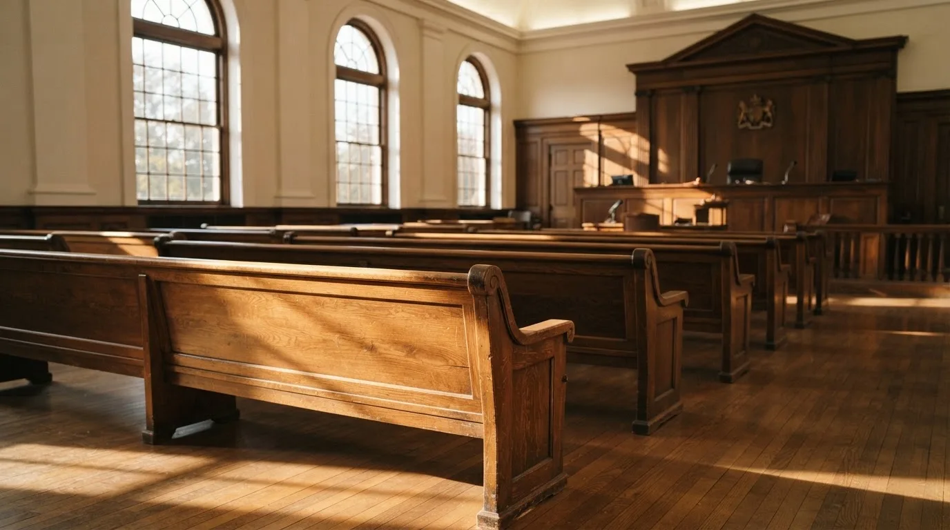 Una sala de tribunal vacía con bancos de madera a la luz de la mañana