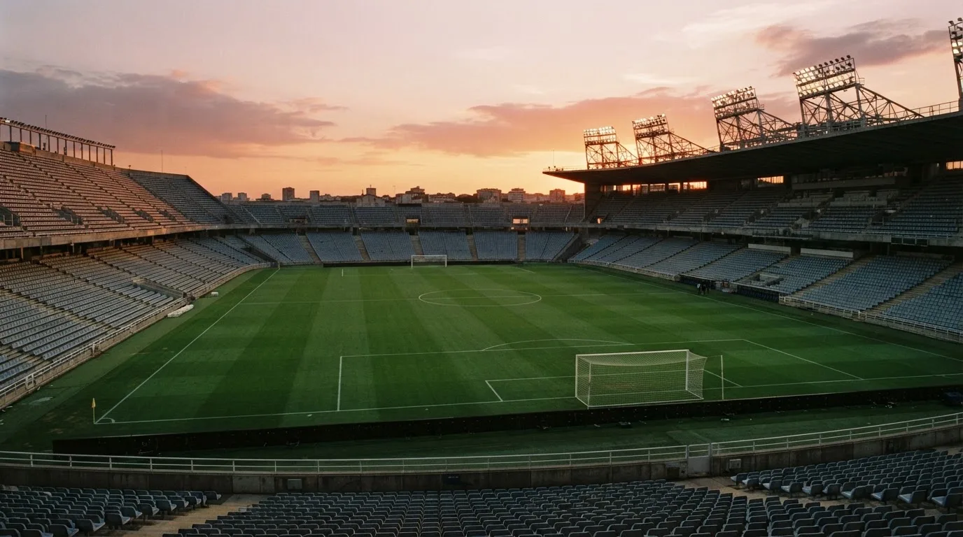 Un estadio de fútbol vacío con torres de iluminación al atardecer