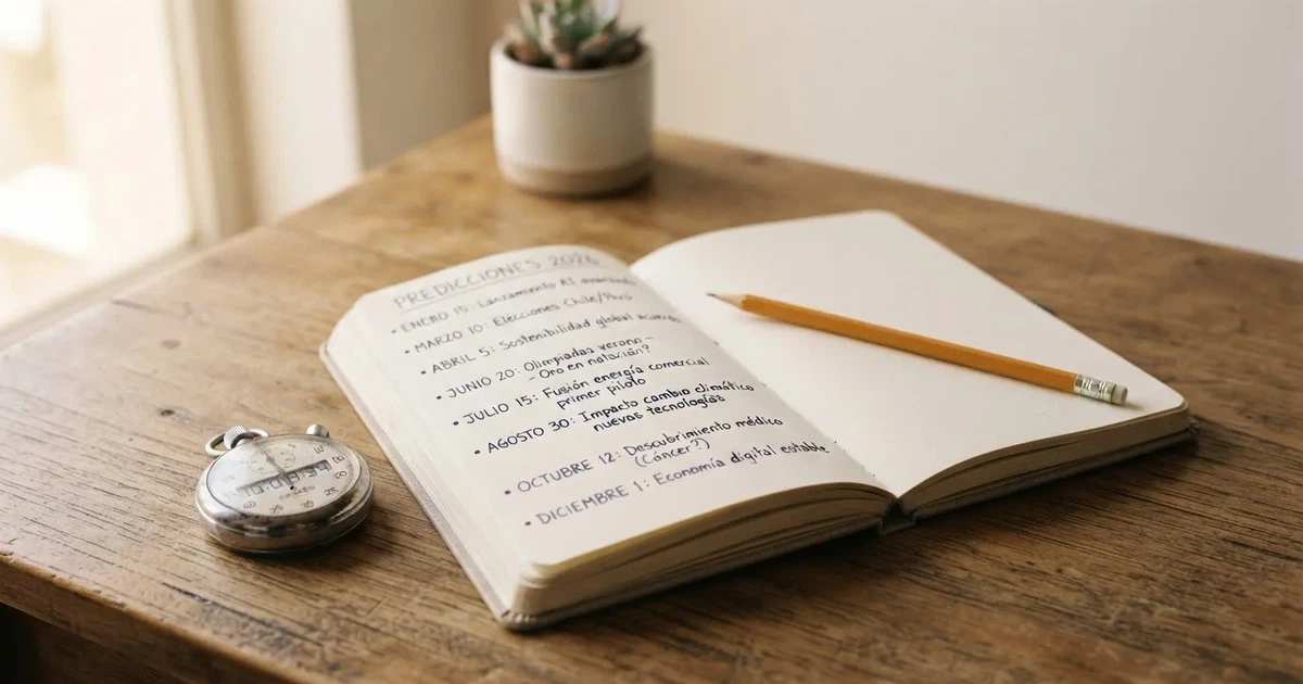 Un cuaderno abierto con un lápiz y un cronómetro sobre una mesa de madera