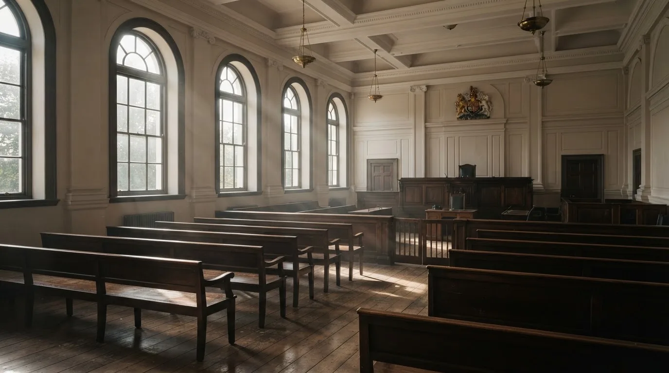 Una sala de tribunal vacía con bancos de madera a la luz de la mañana
