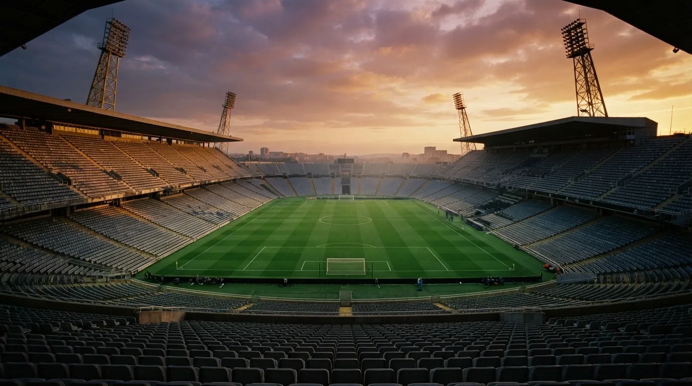 Un estadio de fútbol vacío con torres de iluminación al atardecer
