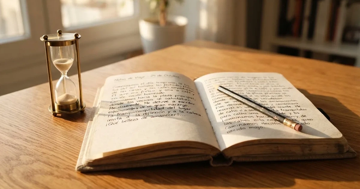 Un cuaderno abierto con un lápiz y un cronómetro sobre una mesa de madera