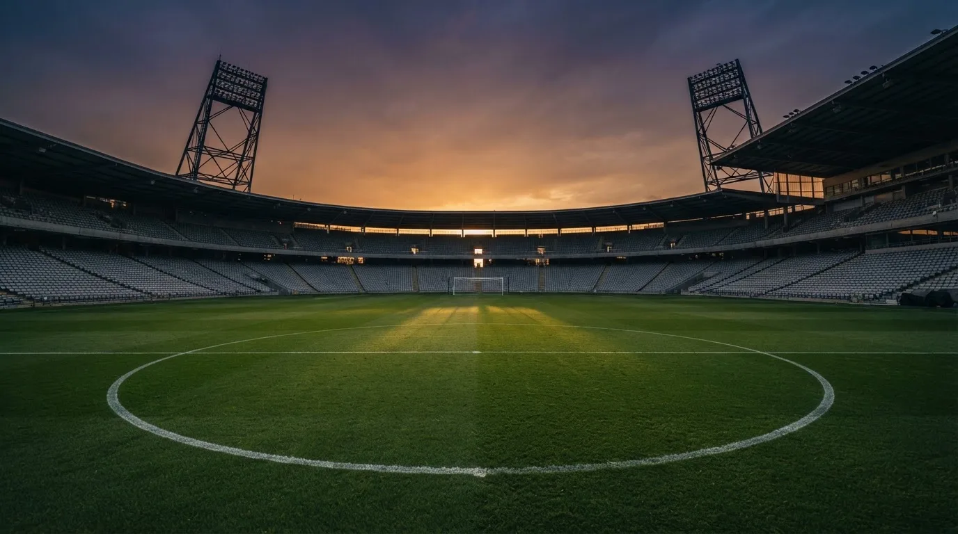 Un estadio de fútbol vacío con torres de iluminación al atardecer