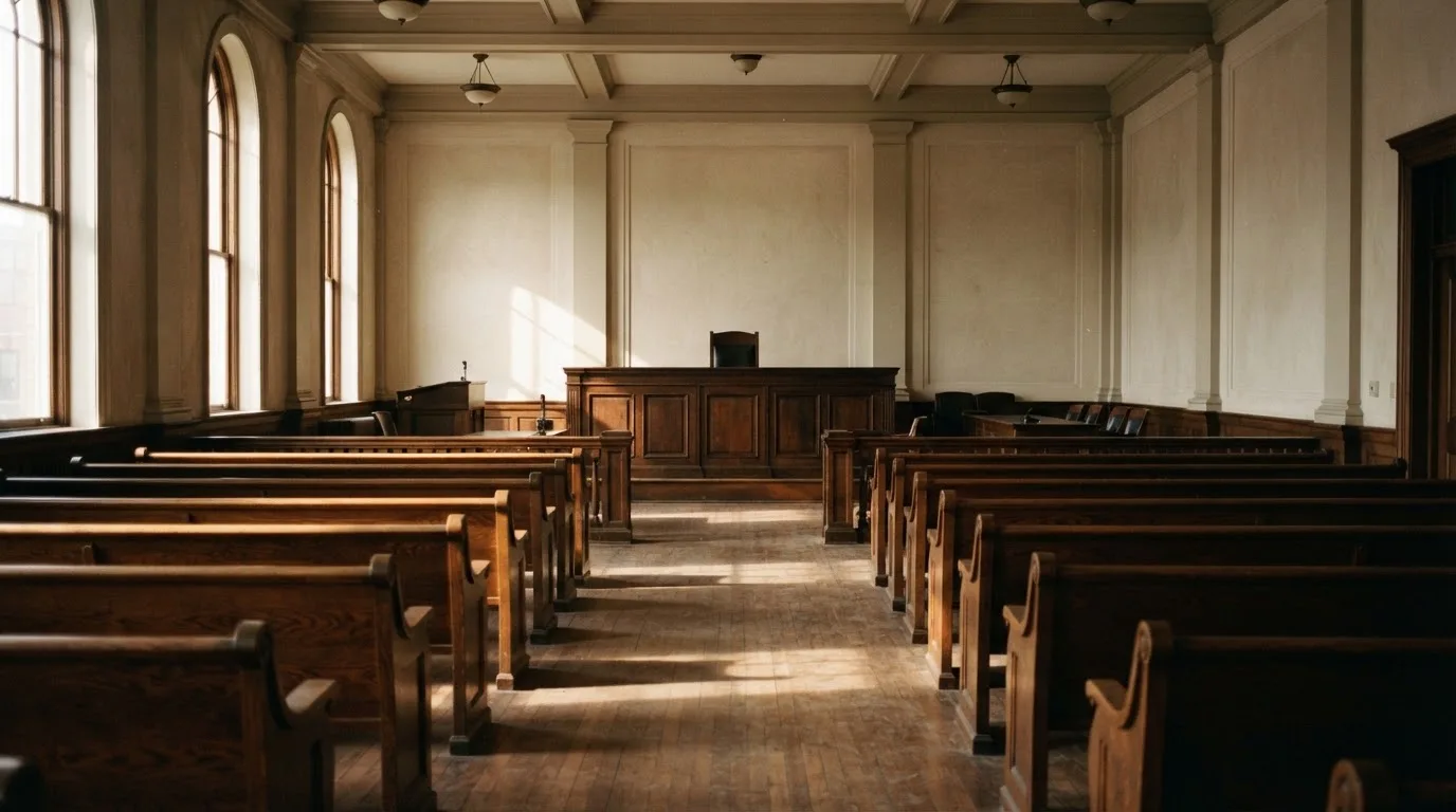 Una sala de tribunal vacía con bancos de madera a la luz de la mañana