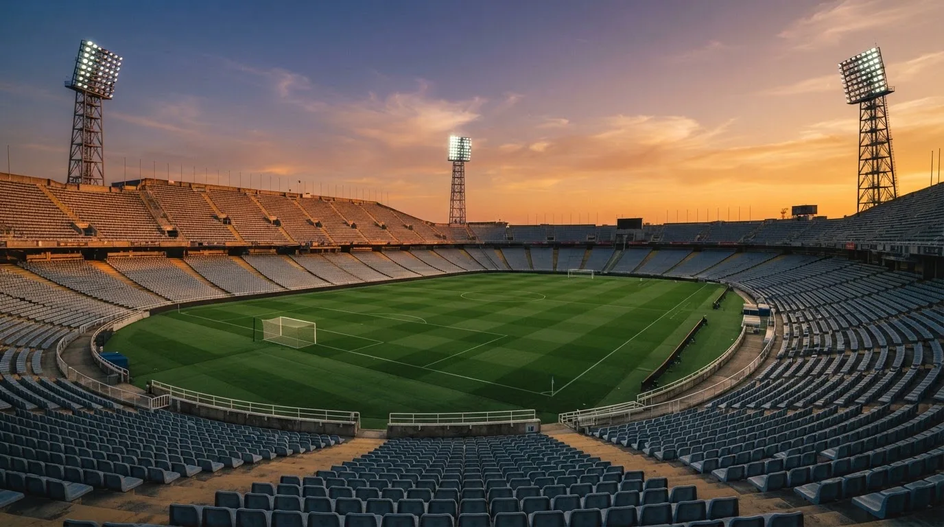 Un estadio de fútbol vacío con torres de iluminación al atardecer