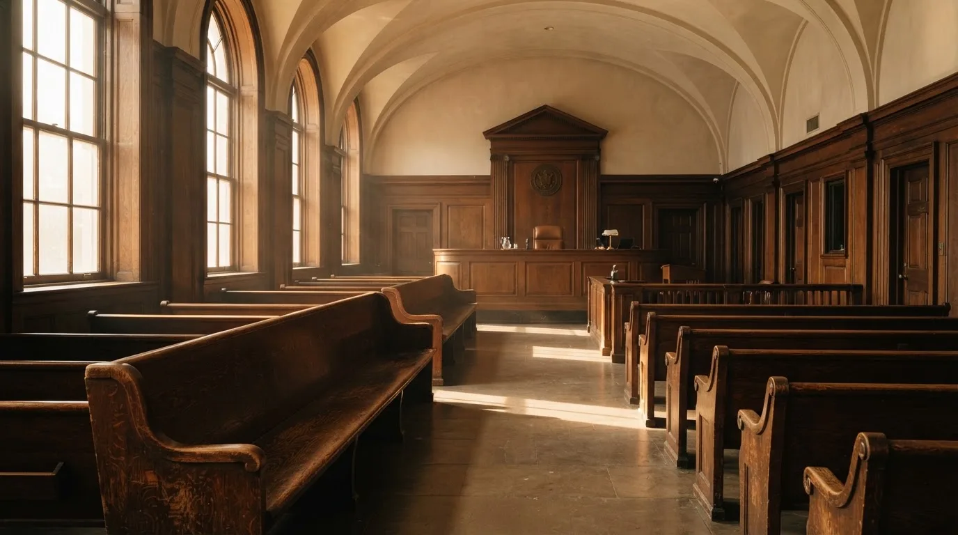 Una sala de tribunal vacía con bancos de madera a la luz de la mañana