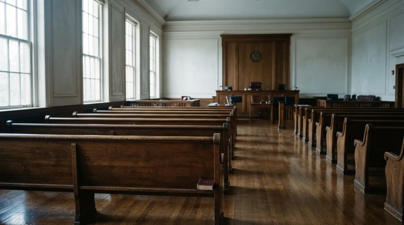 Una sala de tribunal vacía con bancos de madera a la luz de la mañana