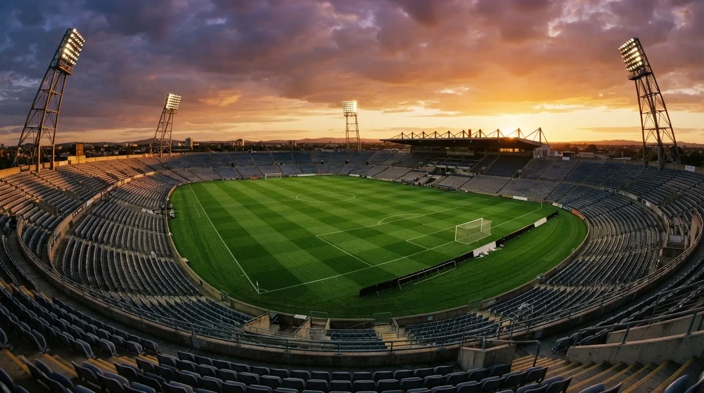 Un estadio de fútbol vacío con torres de iluminación al atardecer