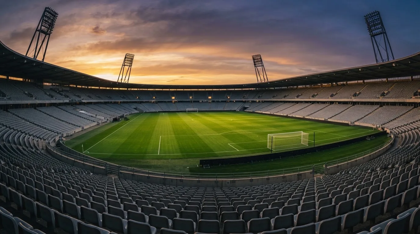 Un estadio de fútbol vacío con torres de iluminación al atardecer