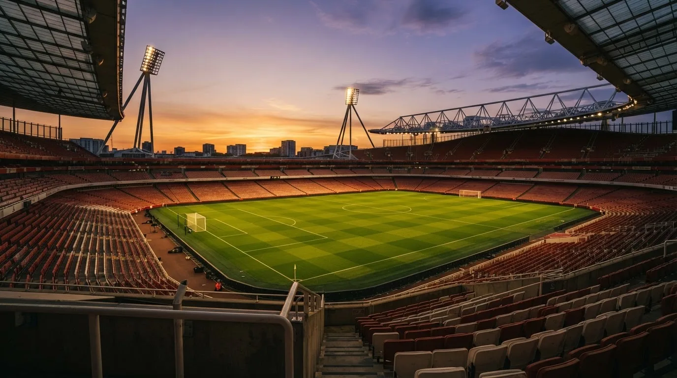 Un estadio de fútbol vacío con torres de iluminación al atardecer