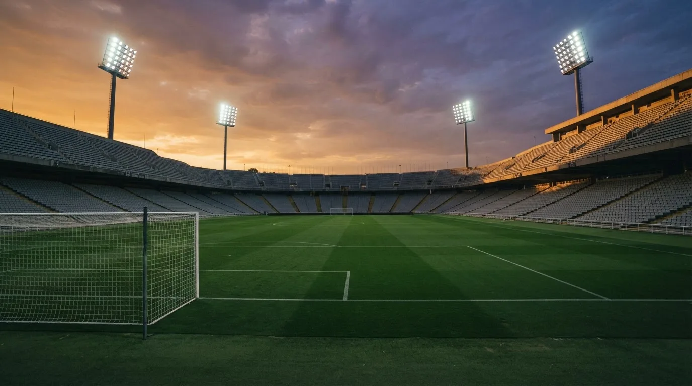 Un estadio de fútbol vacío con torres de iluminación al atardecer