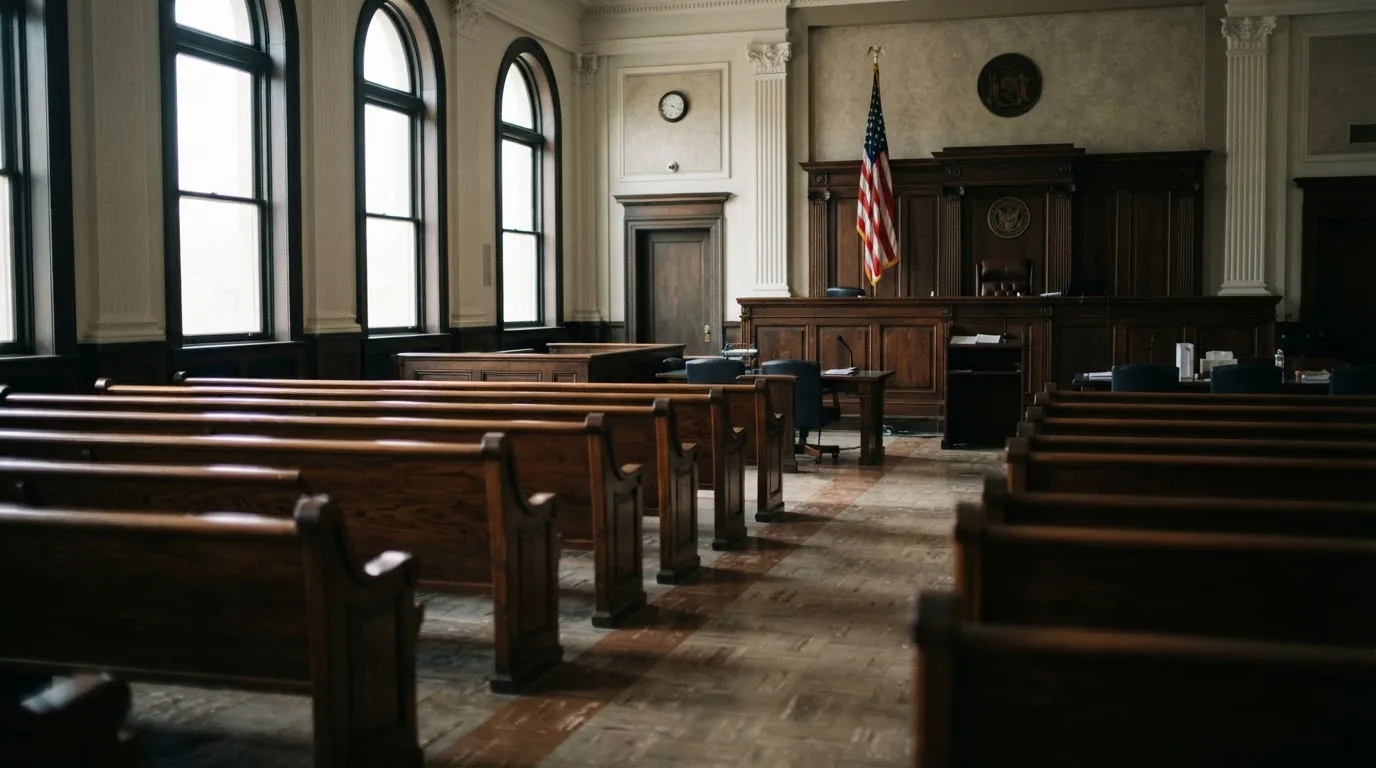 Una sala de tribunal vacía con bancos de madera a la luz de la mañana
