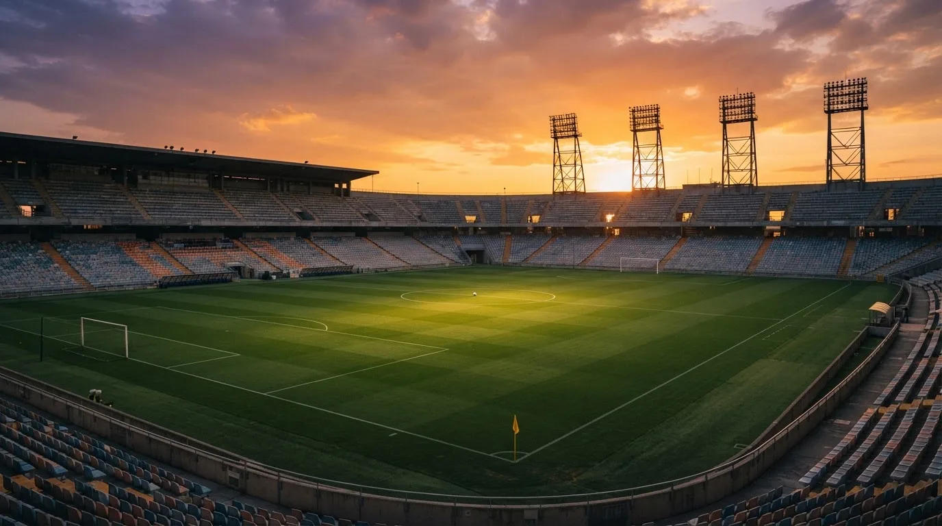 Un estadio de fútbol vacío con torres de iluminación al atardecer