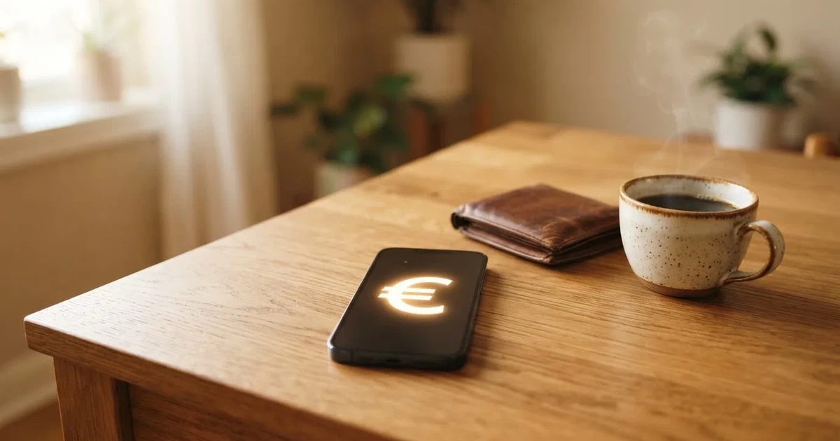 Un móvil sobre una mesa de madera junto a una cartera y una taza de café