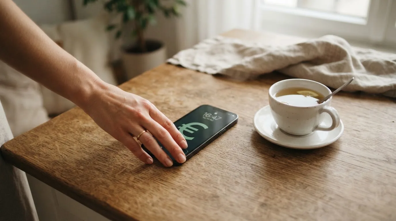 Una mano deja un móvil junto a una taza de té sobre la mesa de la cocina, una tarde tranquila