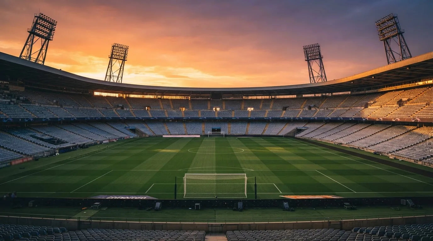 Un estadio de fútbol vacío con torres de iluminación al atardecer