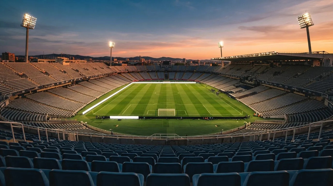 Un estadio de fútbol vacío con torres de iluminación al atardecer