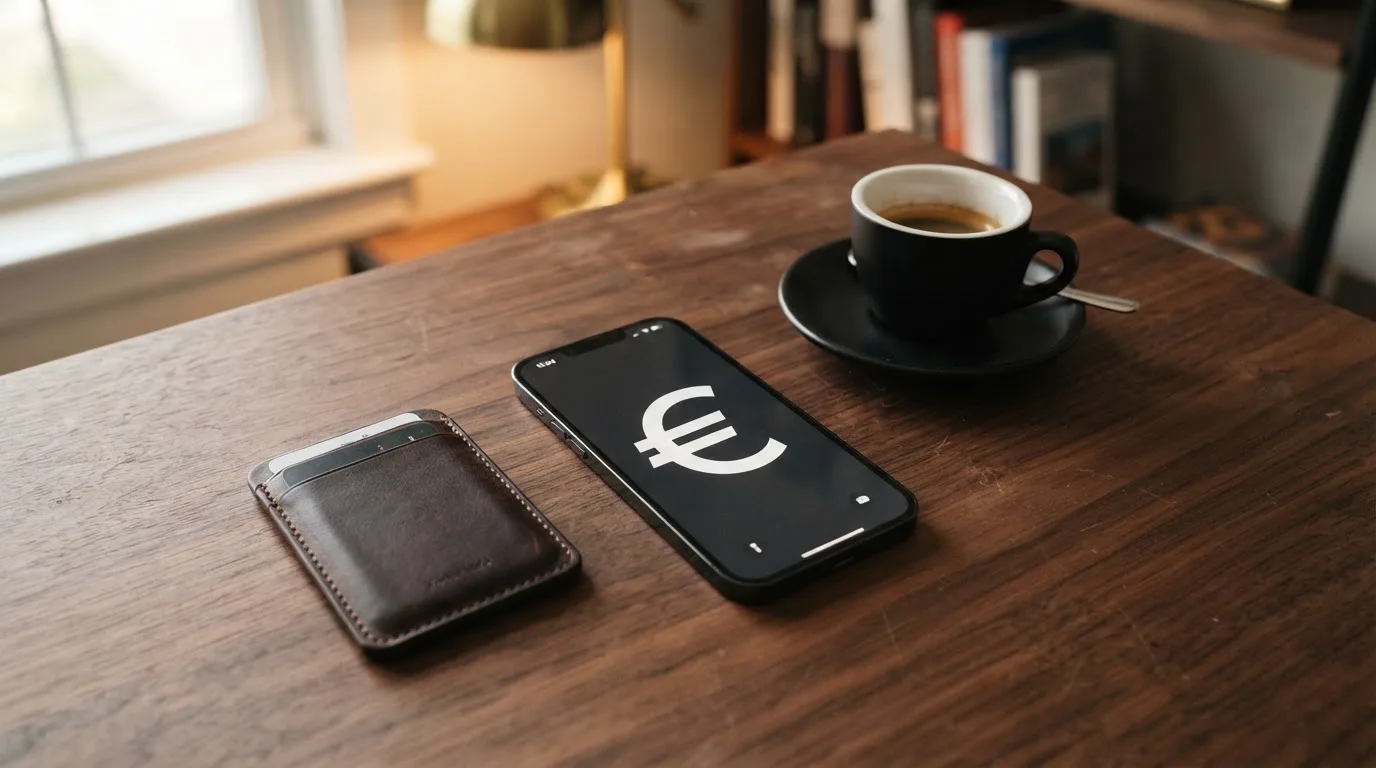 Un móvil sobre una mesa de madera junto a una cartera y una taza de café