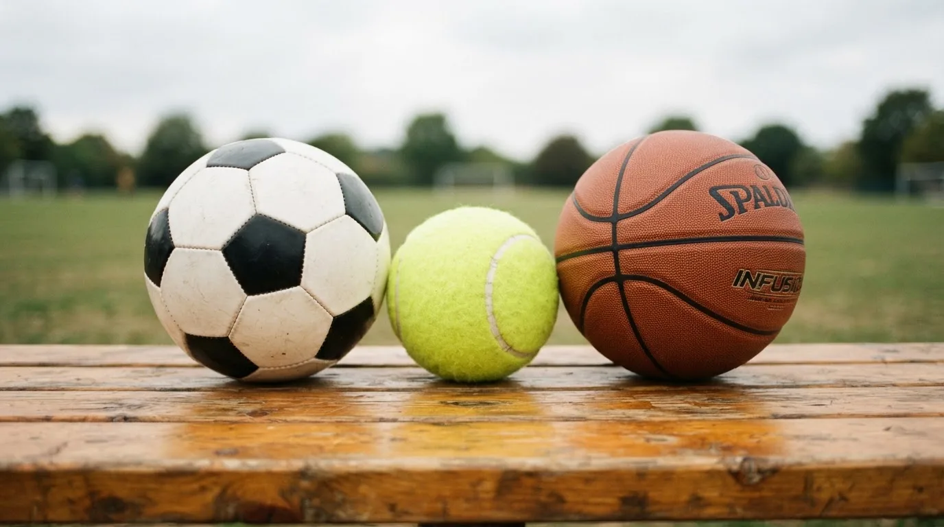 Tres balones de distintos tipos, uno junto a otro, sobre un banco de madera