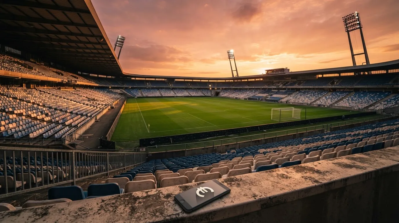 Un estadio de fútbol vacío con torres de iluminación al atardecer