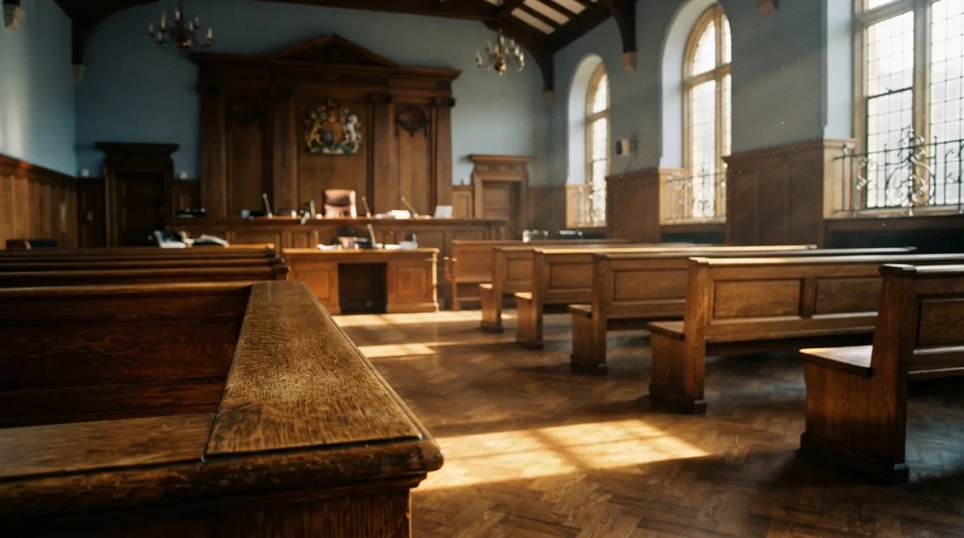 Una sala de tribunal vacía con bancos de madera a la luz de la mañana
