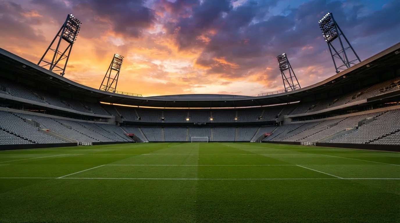 Un estadio de fútbol vacío con torres de iluminación al atardecer