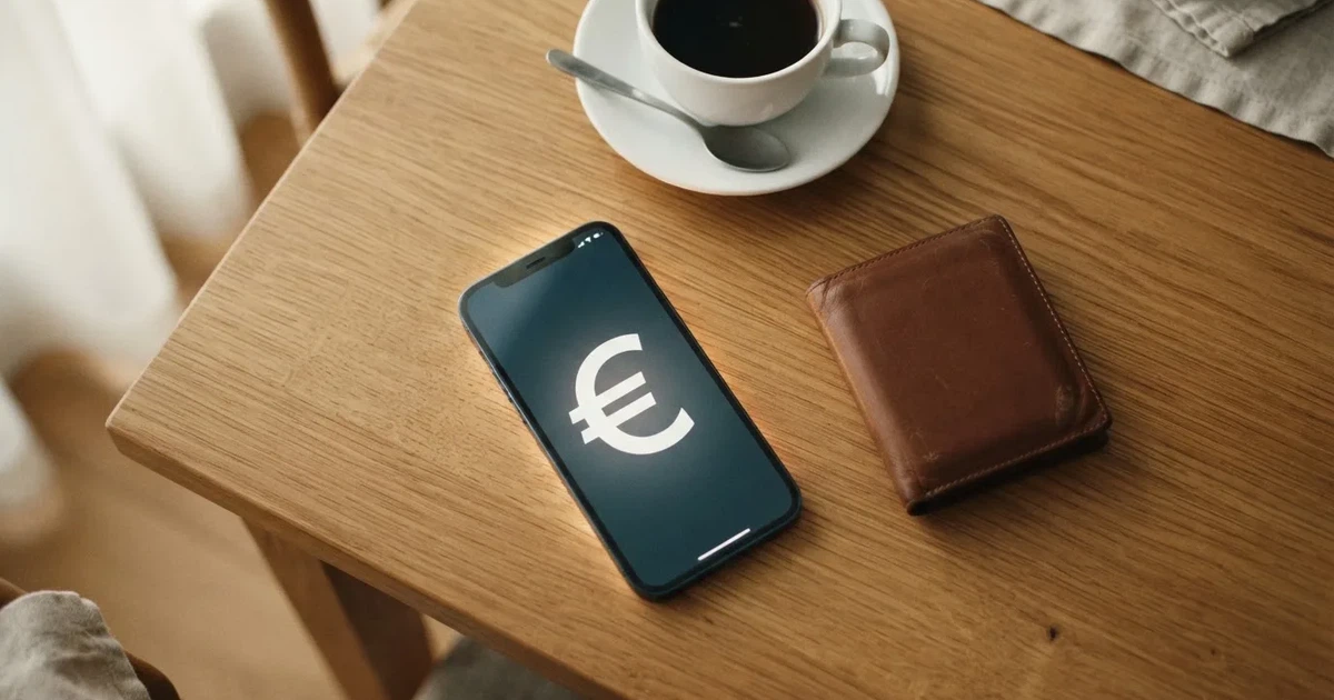 Un móvil sobre una mesa de madera junto a una cartera y una taza de café