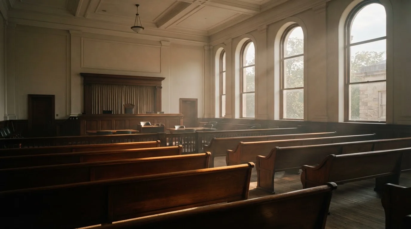 Una sala de tribunal vacía con bancos de madera a la luz de la mañana
