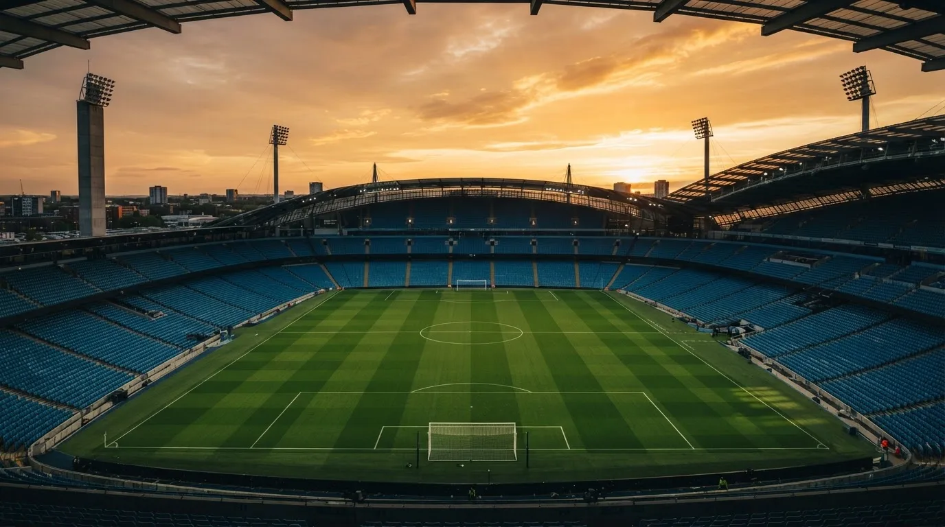 Un estadio de fútbol vacío con torres de iluminación al atardecer