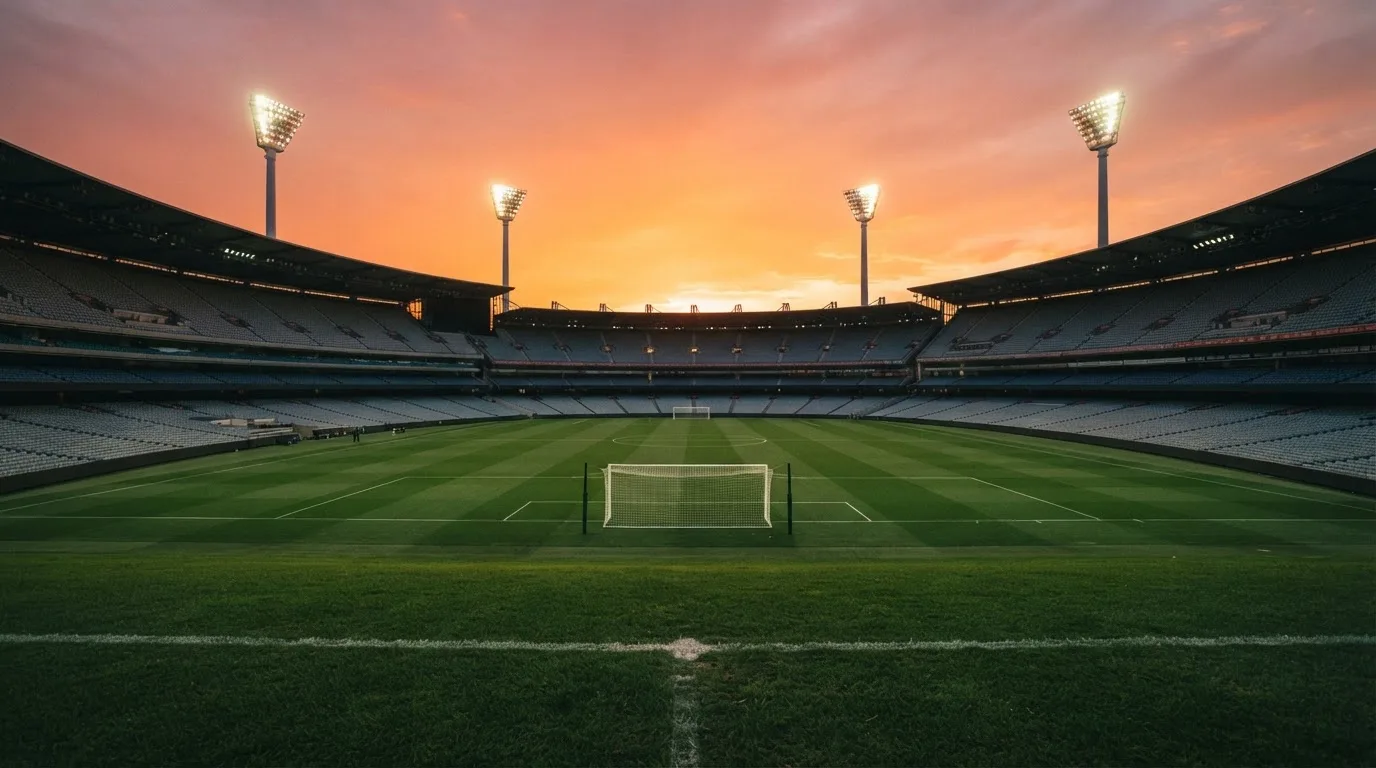 Un estadio de fútbol vacío con torres de iluminación al atardecer
