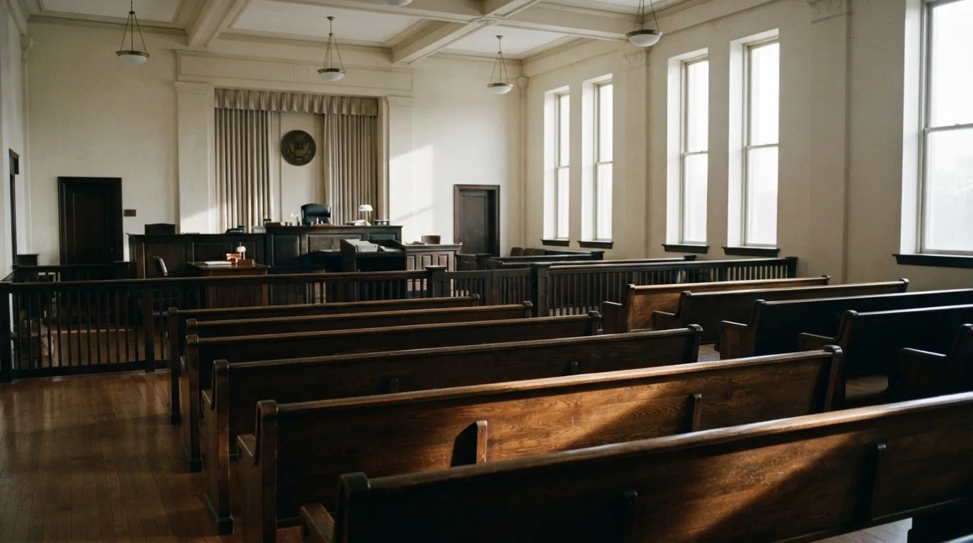 Una sala de tribunal vacía con bancos de madera a la luz de la mañana