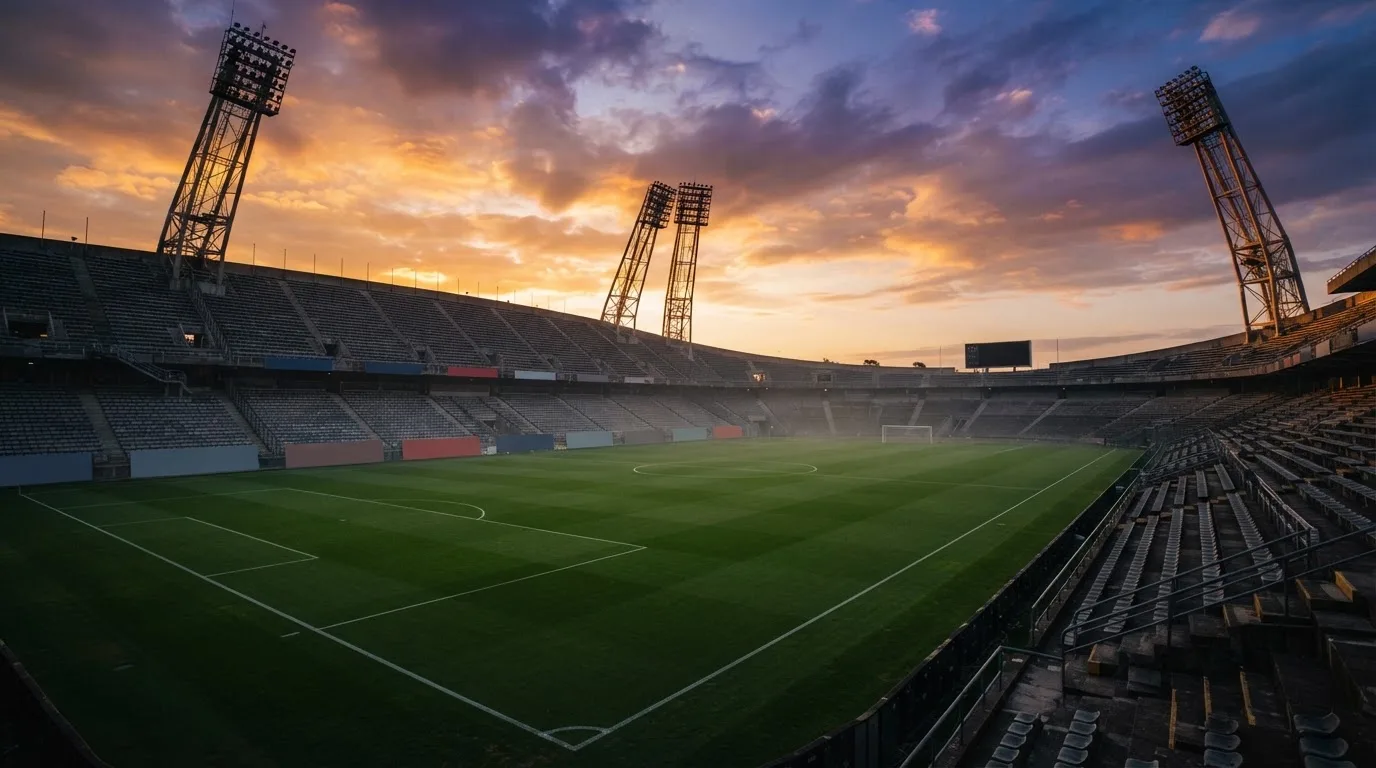 Un estadio de fútbol vacío con torres de iluminación al atardecer
