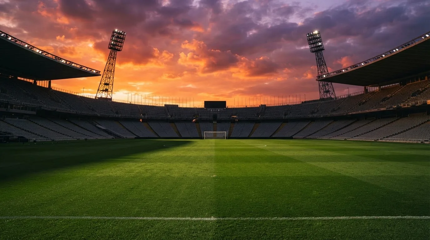 Un estadio de fútbol vacío con torres de iluminación al atardecer
