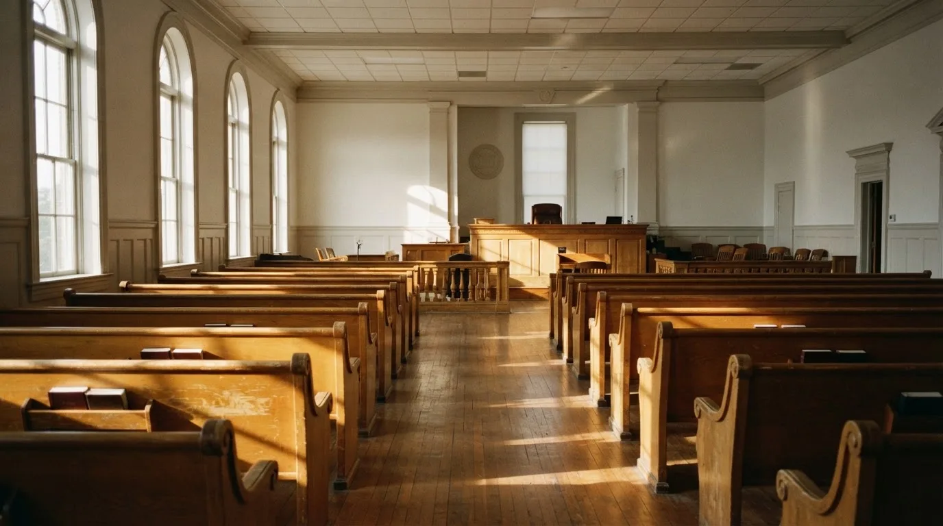 Una sala de tribunal vacía con bancos de madera a la luz de la mañana