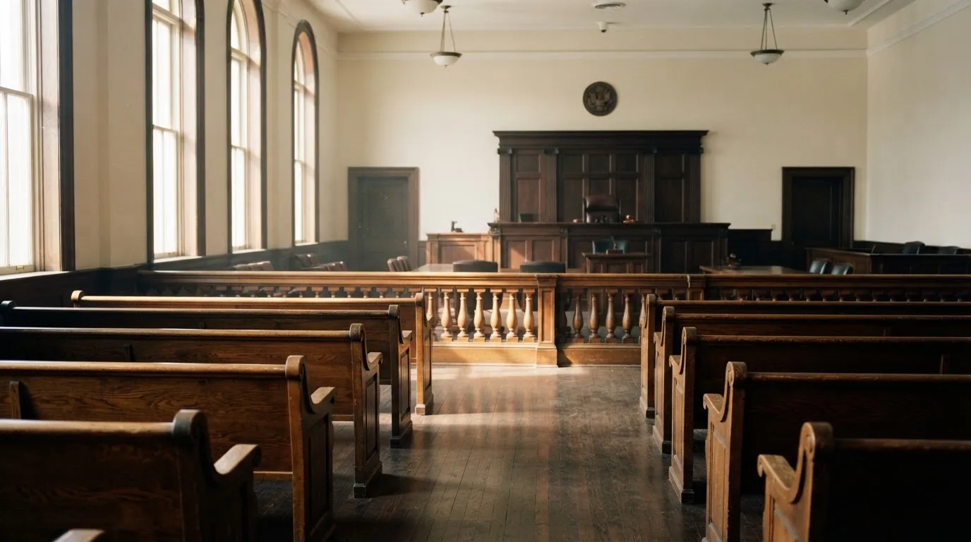 Una sala de tribunal vacía con bancos de madera a la luz de la mañana