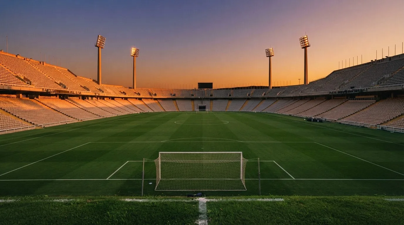 Un estadio de fútbol vacío con torres de iluminación al atardecer