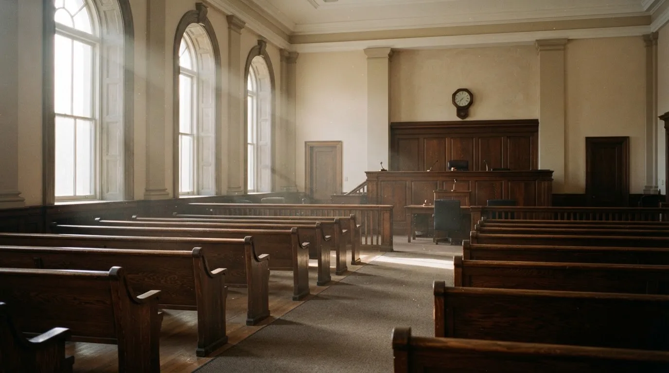Una sala de tribunal vacía con bancos de madera a la luz de la mañana