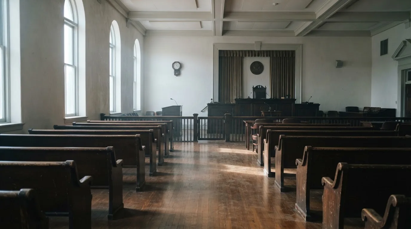 Una sala de tribunal vacía con bancos de madera a la luz de la mañana