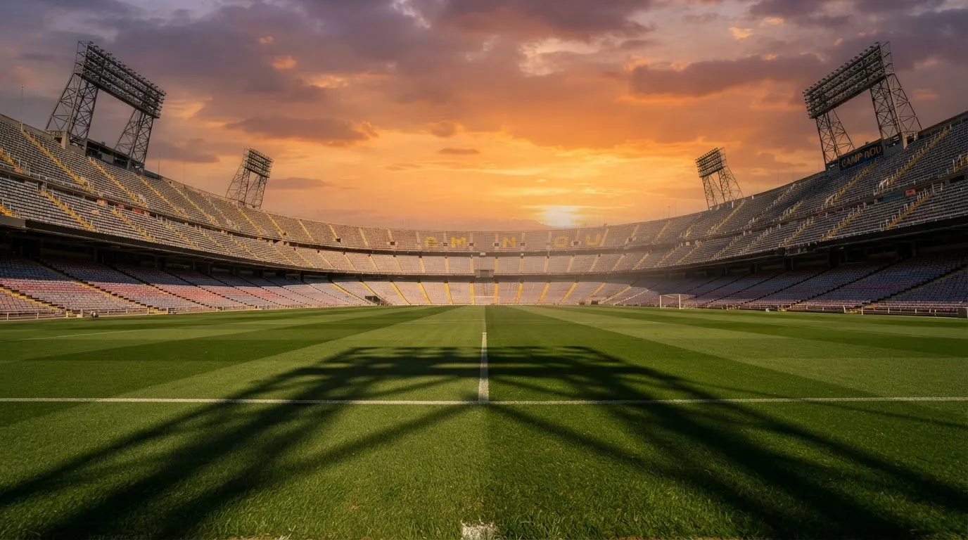 Un estadio de fútbol vacío con torres de iluminación al atardecer