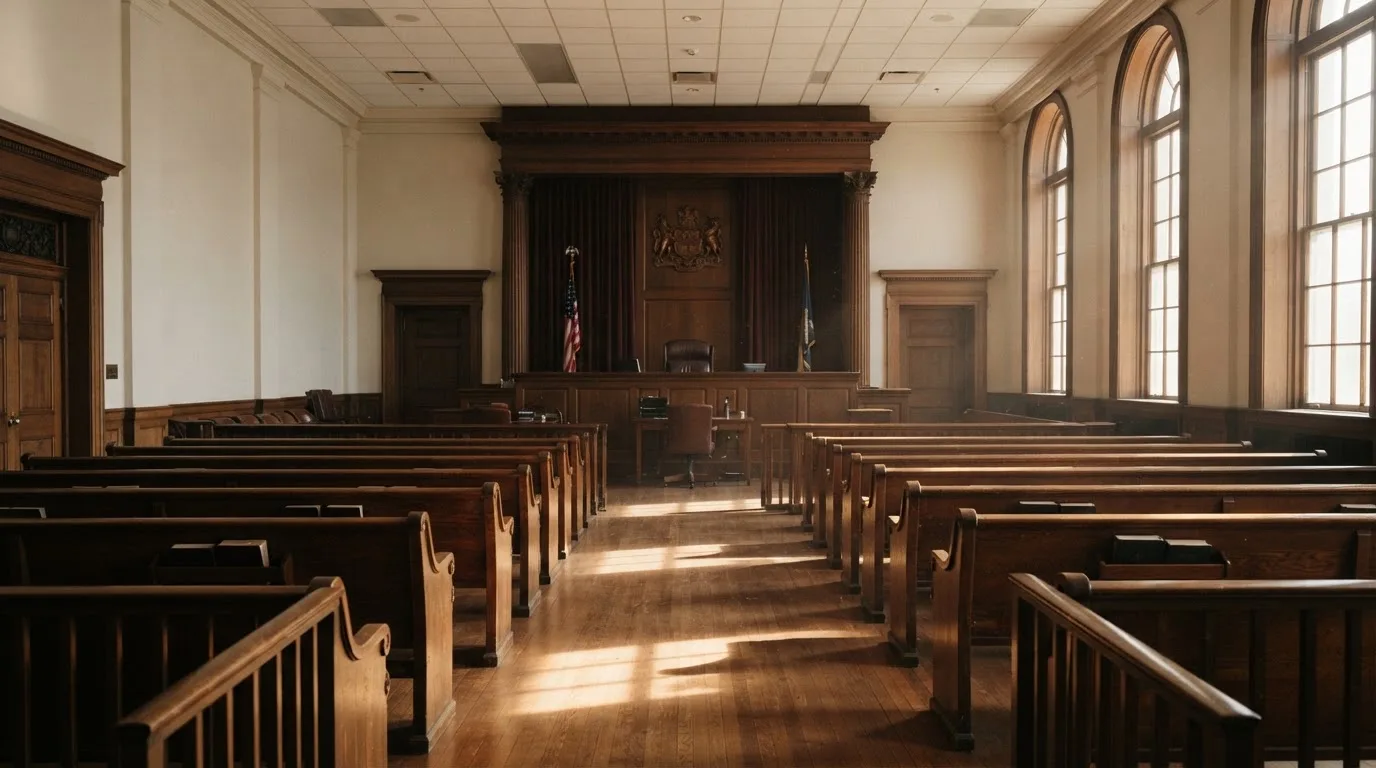 Una sala de tribunal vacía con bancos de madera a la luz de la mañana