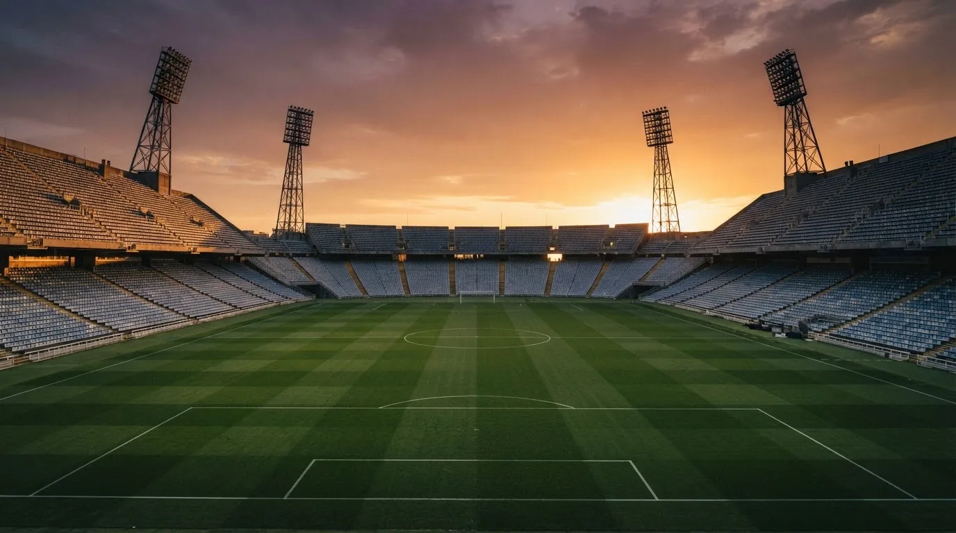 Un estadio de fútbol vacío con torres de iluminación al atardecer