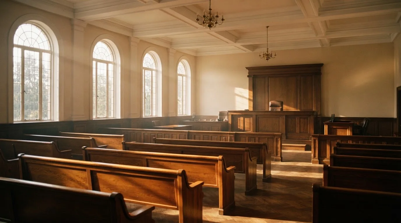 Una sala de tribunal vacía con bancos de madera a la luz de la mañana